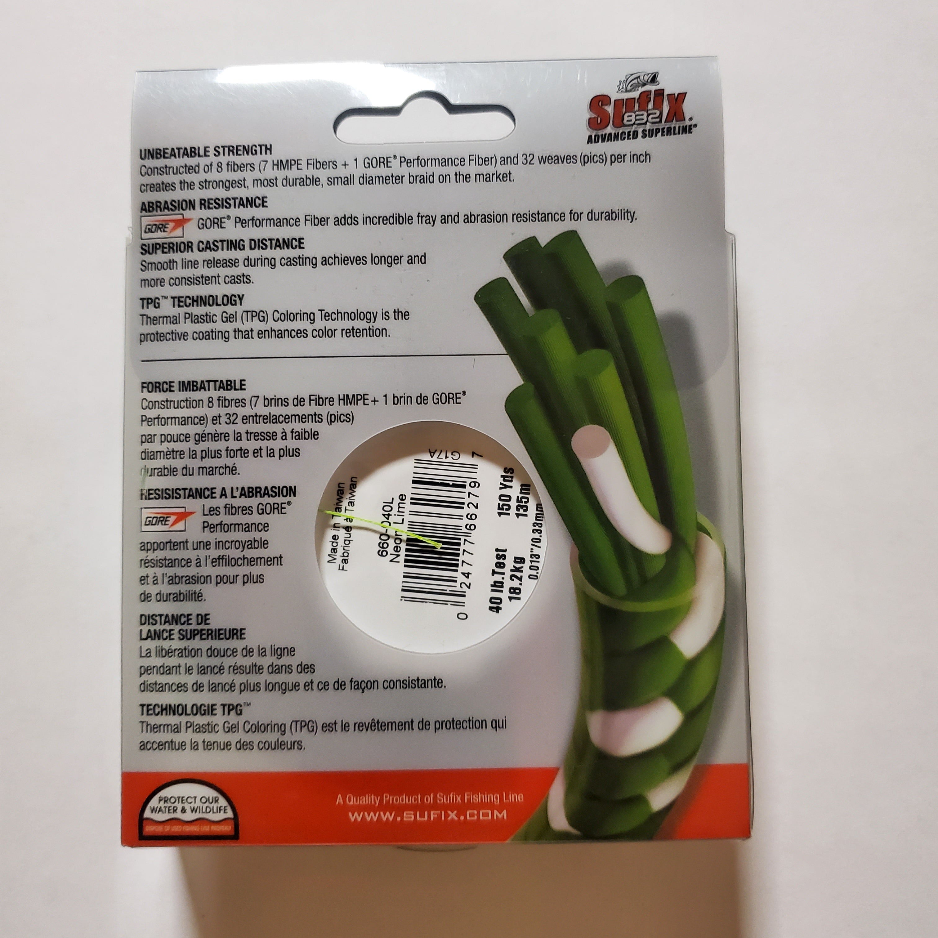 Sufix 832 Advanced Superline 40ib test 150yds Neon Lime